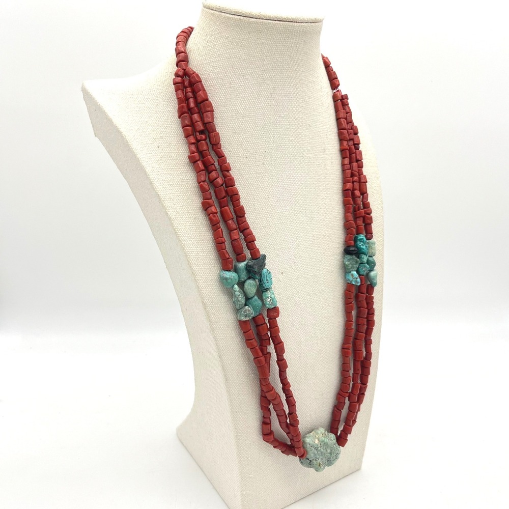 Multi Strand Red Coral and Turquoise Nugget Statement Necklace Southwestern